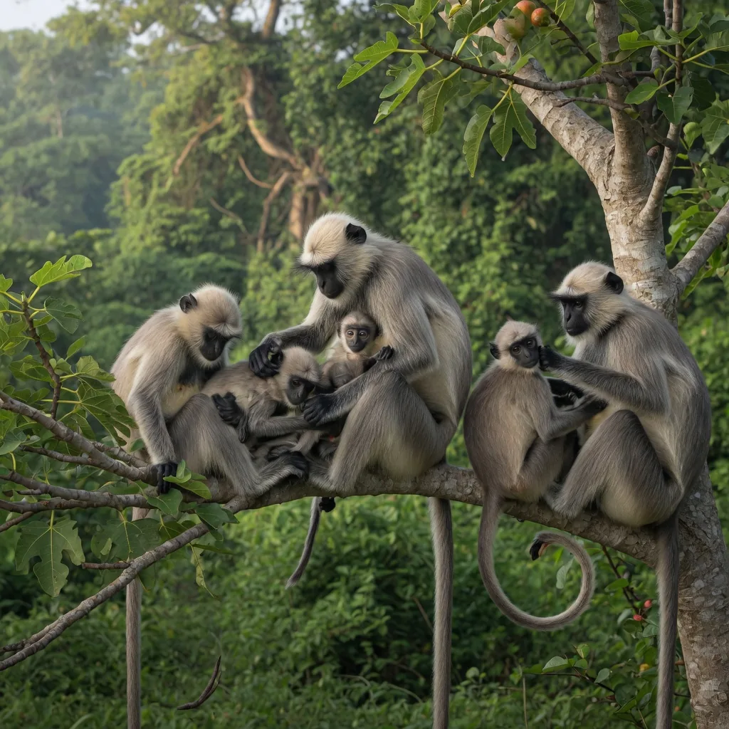 A troop of langur monkeys resting in a fig tree at Yala National Park, Sri Lanka