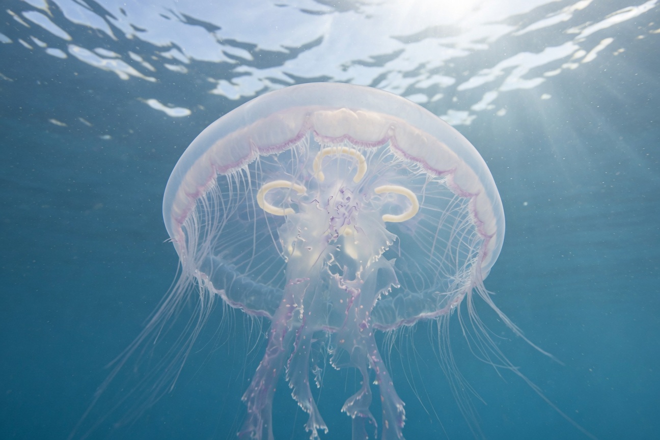 A translucent moon jellyfish with a purple rim and long tentacles floats in blue water with sunlight streaming from above.