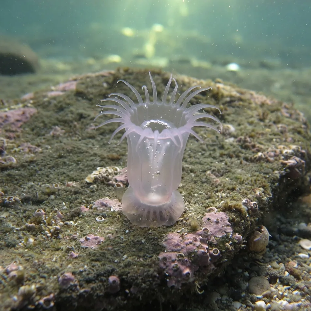 A moon jellyfish polyp attached to a rocky underwater surface, showing the early life stage before it becomes free-swimming