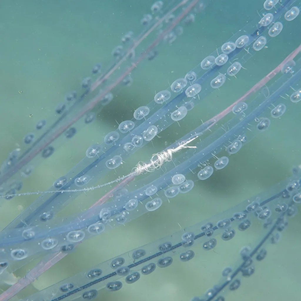 Close-up of moon jellyfish tentacles showing the thread-like structures studded with nematocyst sting cells