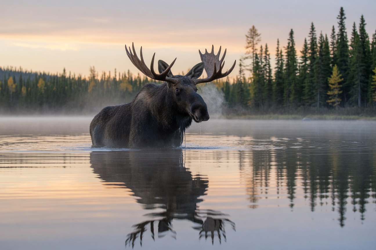A large moose with antlers stands in a misty lake at sunrise, its reflection in the calm water near a forest.