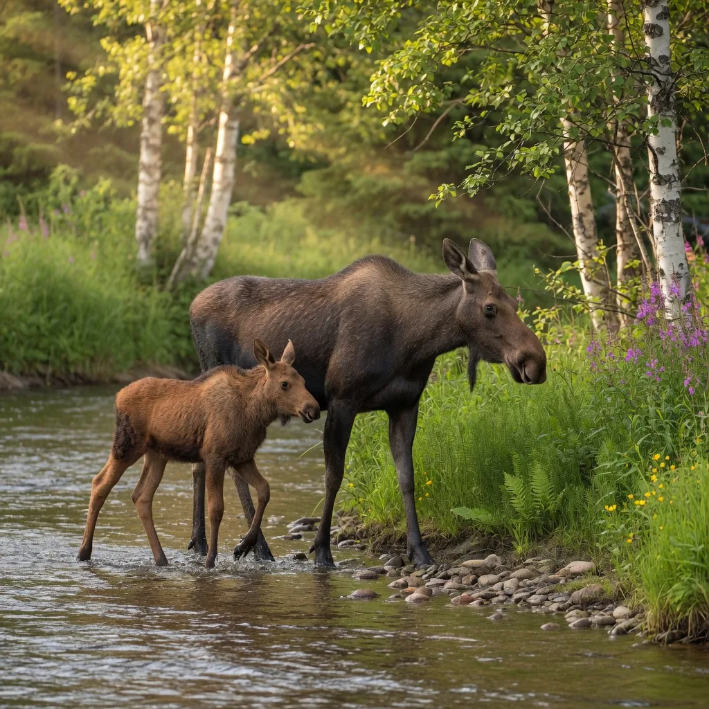 A cow moose and her young calf walking along a summer river bank