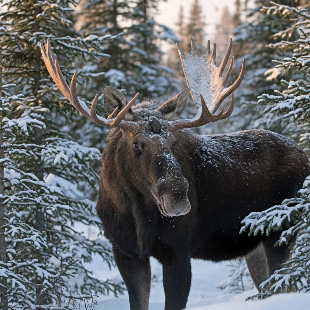 A bull moose standing in a snow-covered boreal forest, with large palmate antlers
