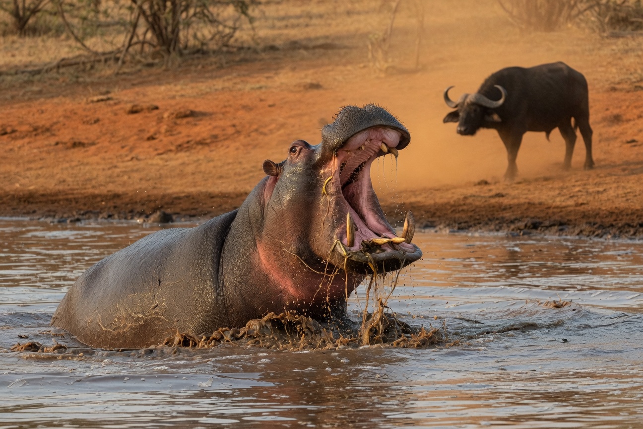 A hippopotamus emerges from the water with its mouth wide open as a buffalo watches from the riverbank.