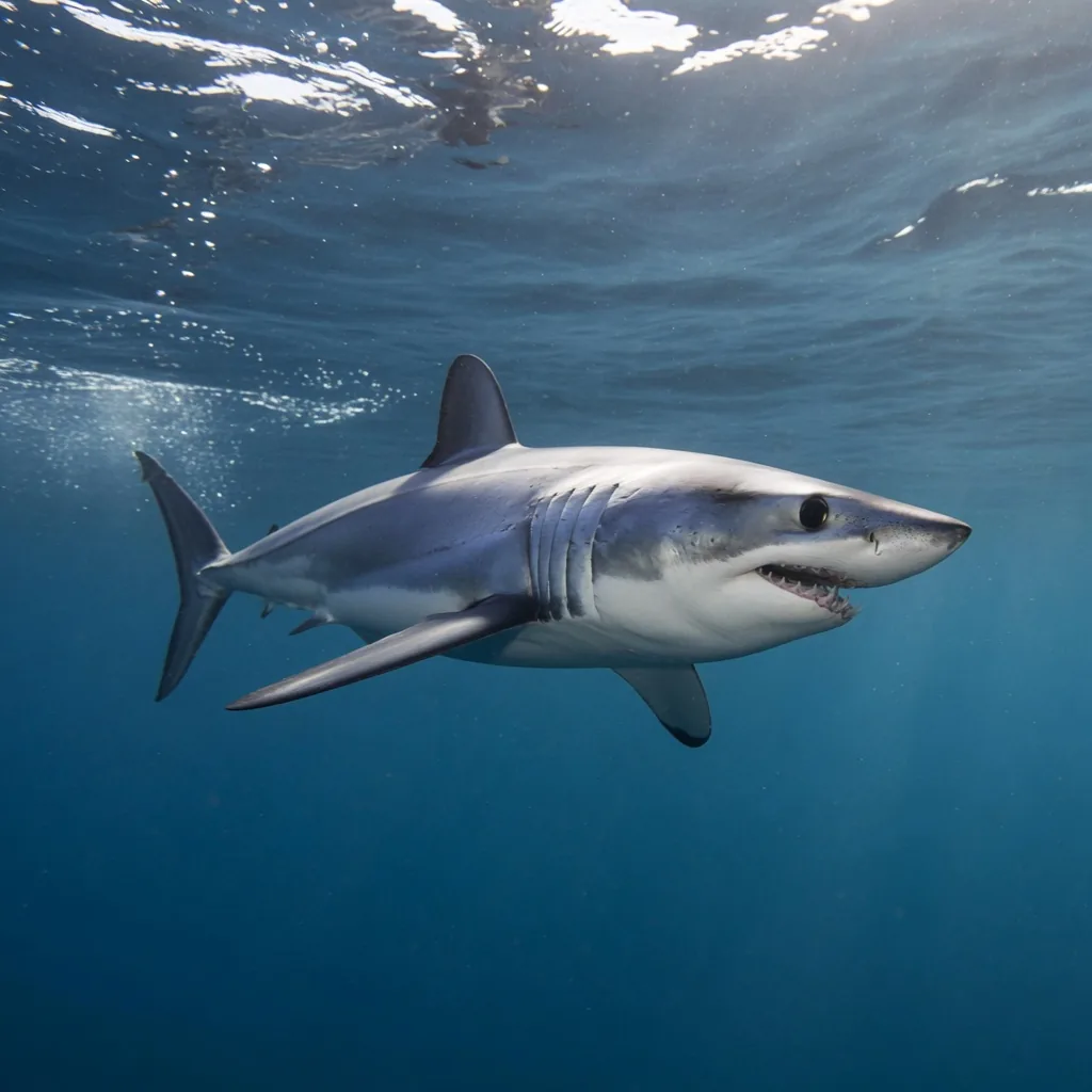 Shortfin mako shark, streamlined silver-blue body in open ocean