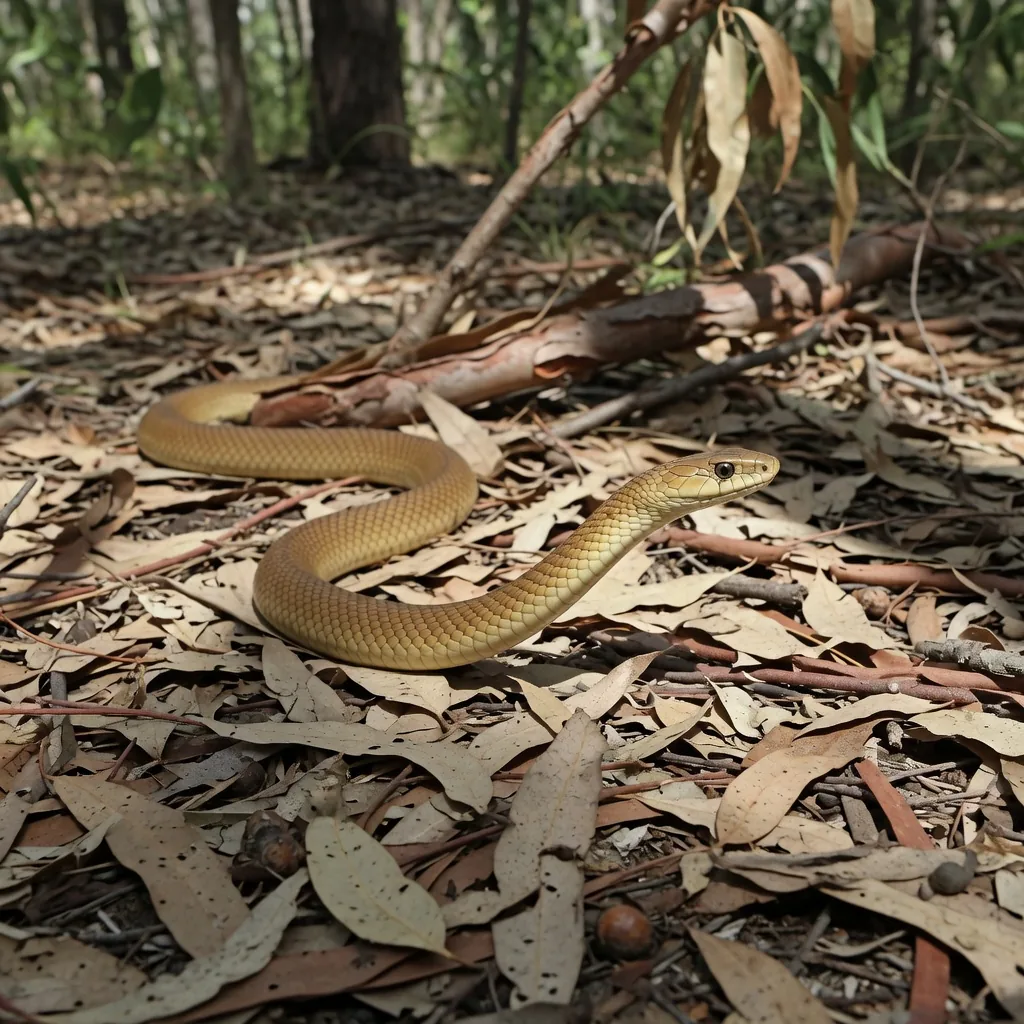 Coastal Taipan snake on Australian forest floor