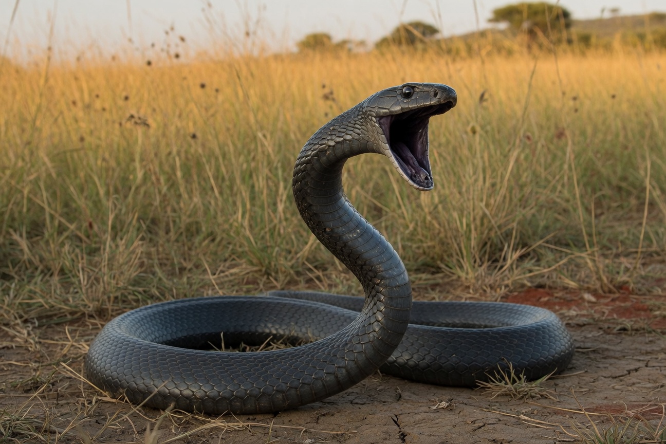 A black mamba rears up with its mouth wide open in a defensive stance in a grassy field.