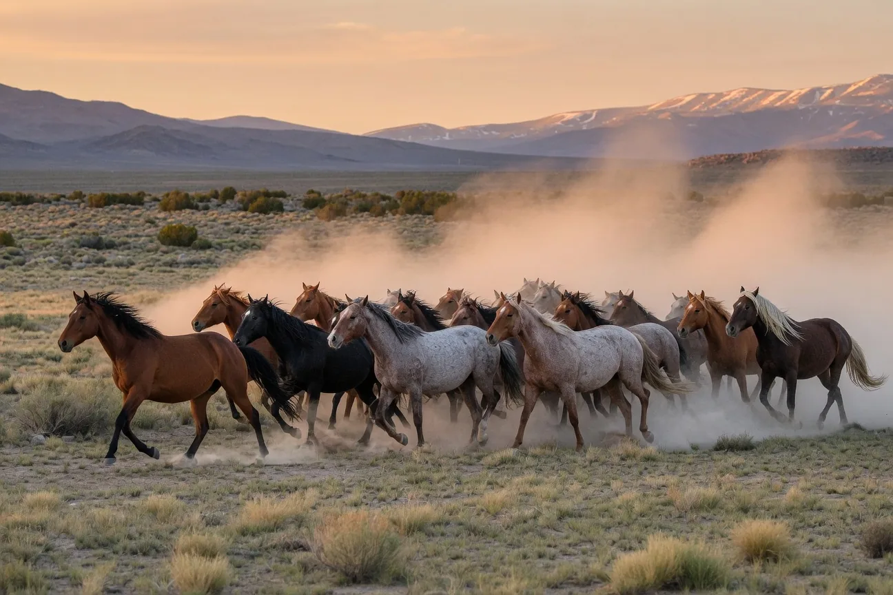 A herd of wild Mustang horses galloping across open rangeland