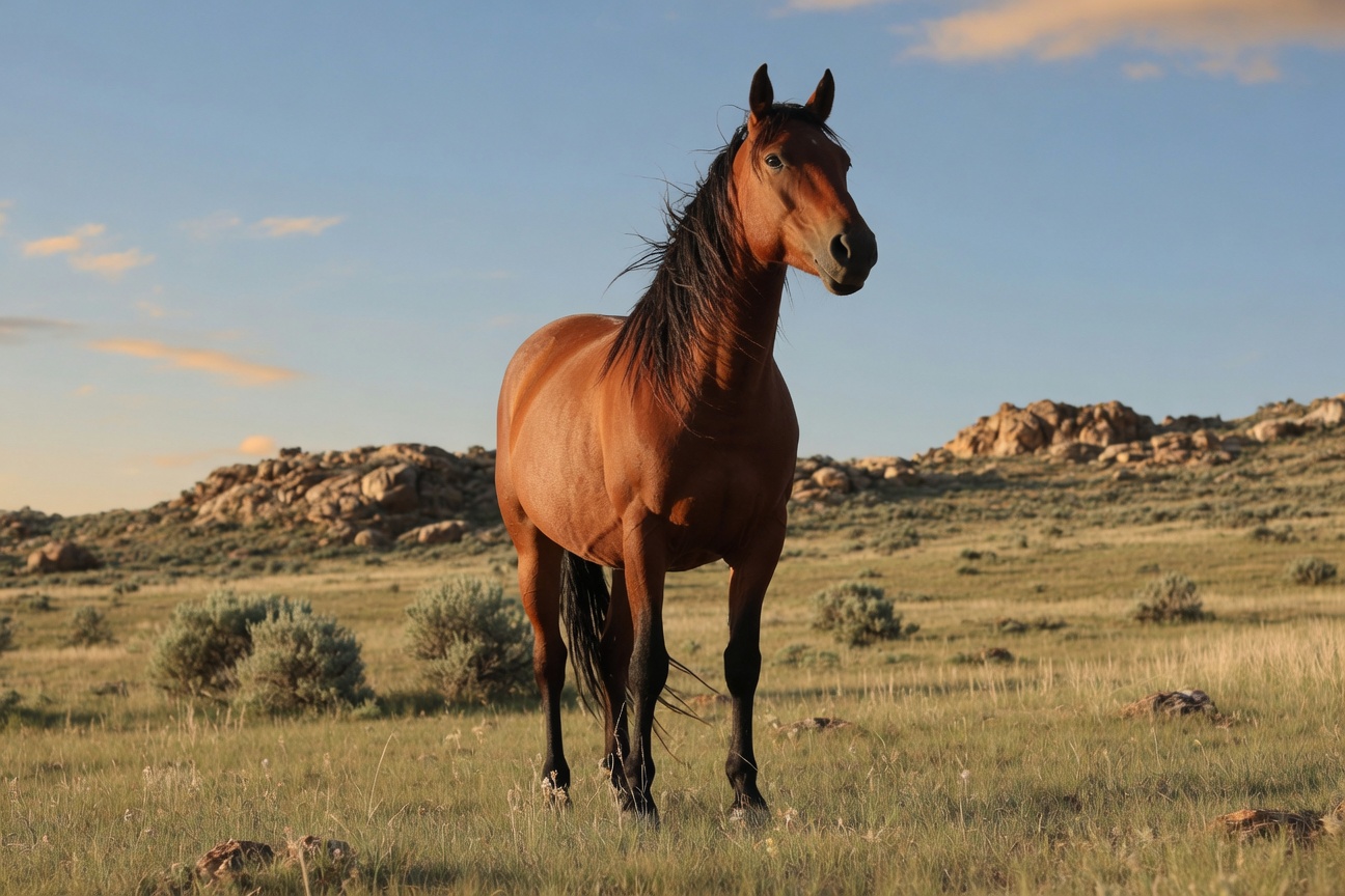 A brown horse stands in a grassy field with rocky hills and a blue sky in the background.