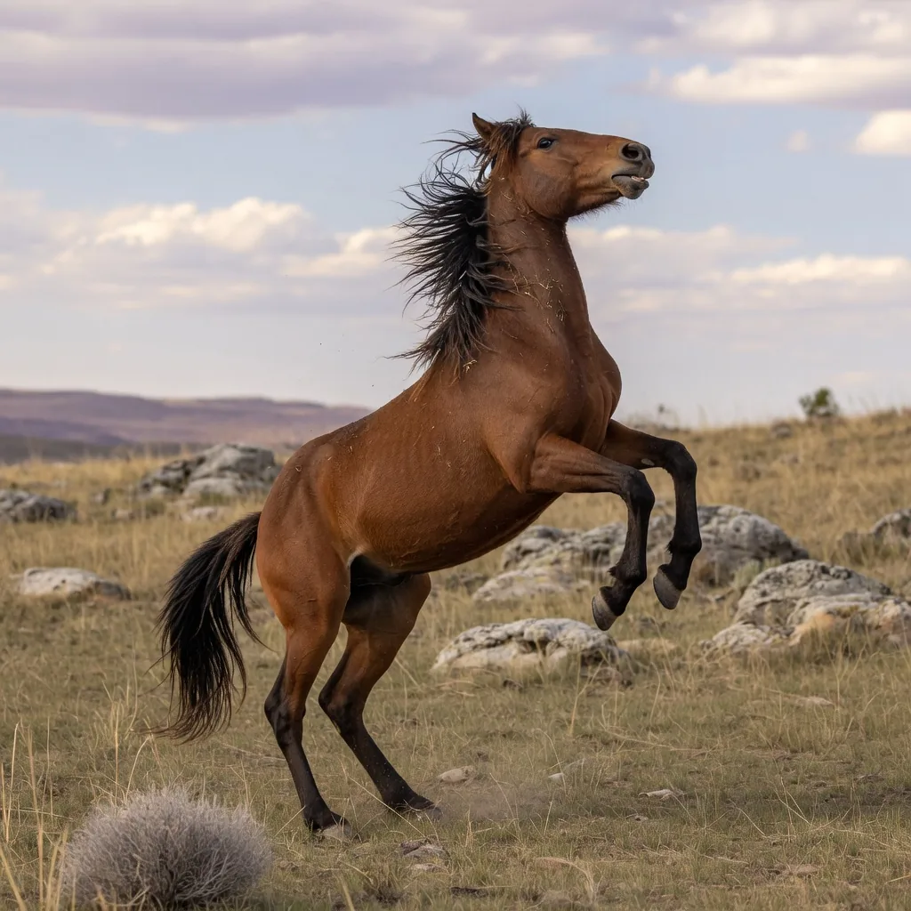 A wild Mustang stallion rearing up on its hind legs