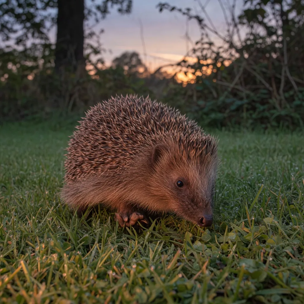 A hedgehog snuffling across dewy grass at dusk with its nose to the ground