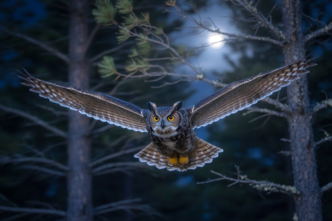 A Great Horned Owl flies through a dark forest with its wings spread wide under a full moon.