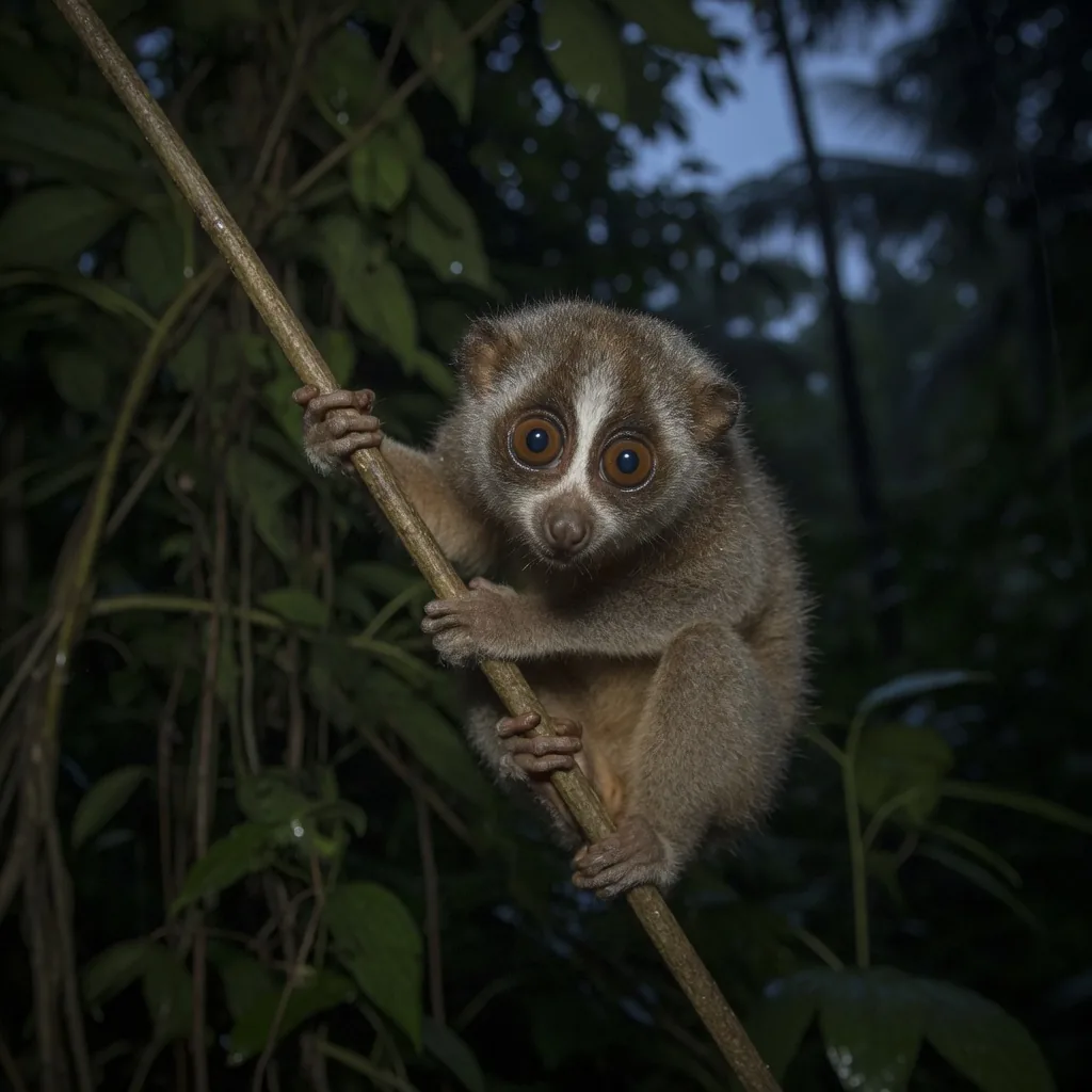 A slow loris with huge round eyes gripping a thin branch at night in a tropical forest
