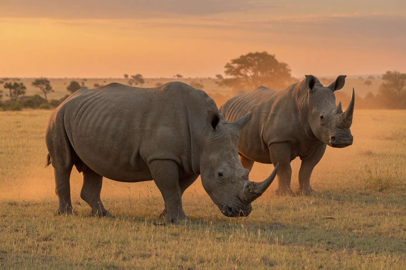 Two Northern White Rhinoceroses standing in a grassy savanna with trees and a sunset sky.