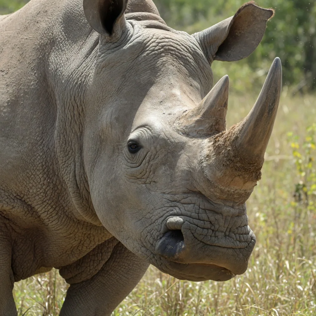 Close-up portrait of a northern white rhinoceros showing its broad square lip and double horns