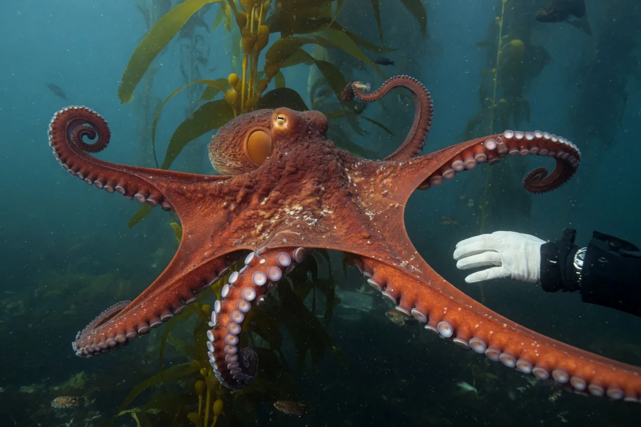 Giant Pacific Octopus in a kelp forest