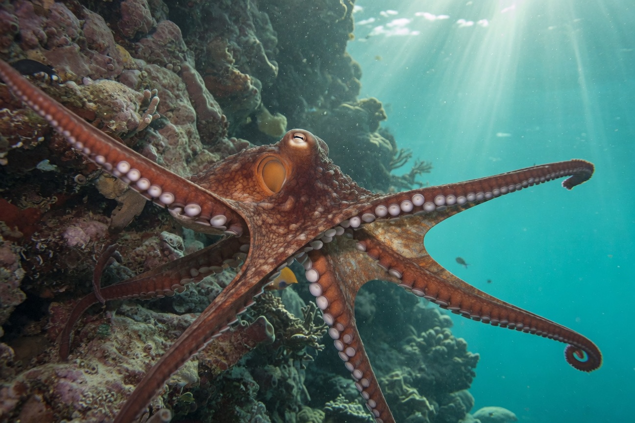 An octopus swims near a coral reef with sunlight filtering through the blue water.