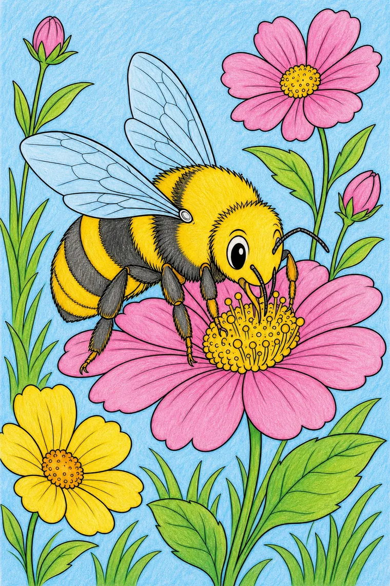 Example of the bee coloring page colored in