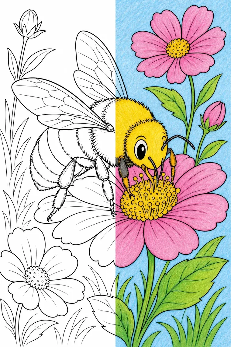 Bee coloring page — line art on the left, colored in on the right