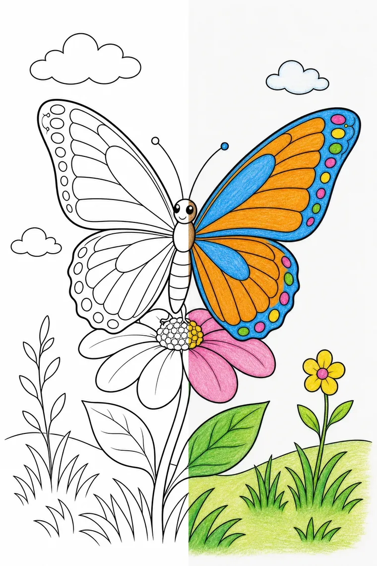 Butterfly coloring page — line art on the left, colored in on the right