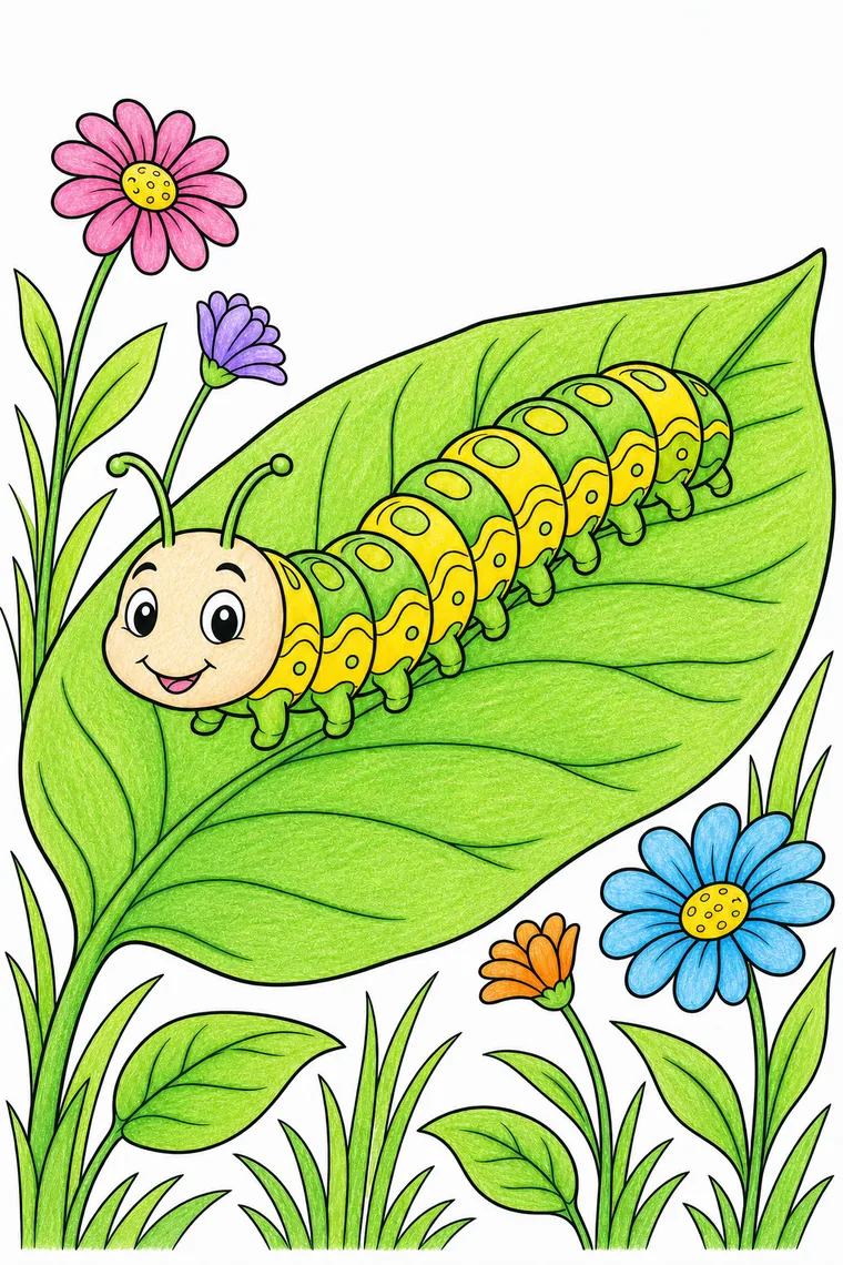 Example of the caterpillar coloring page colored in
