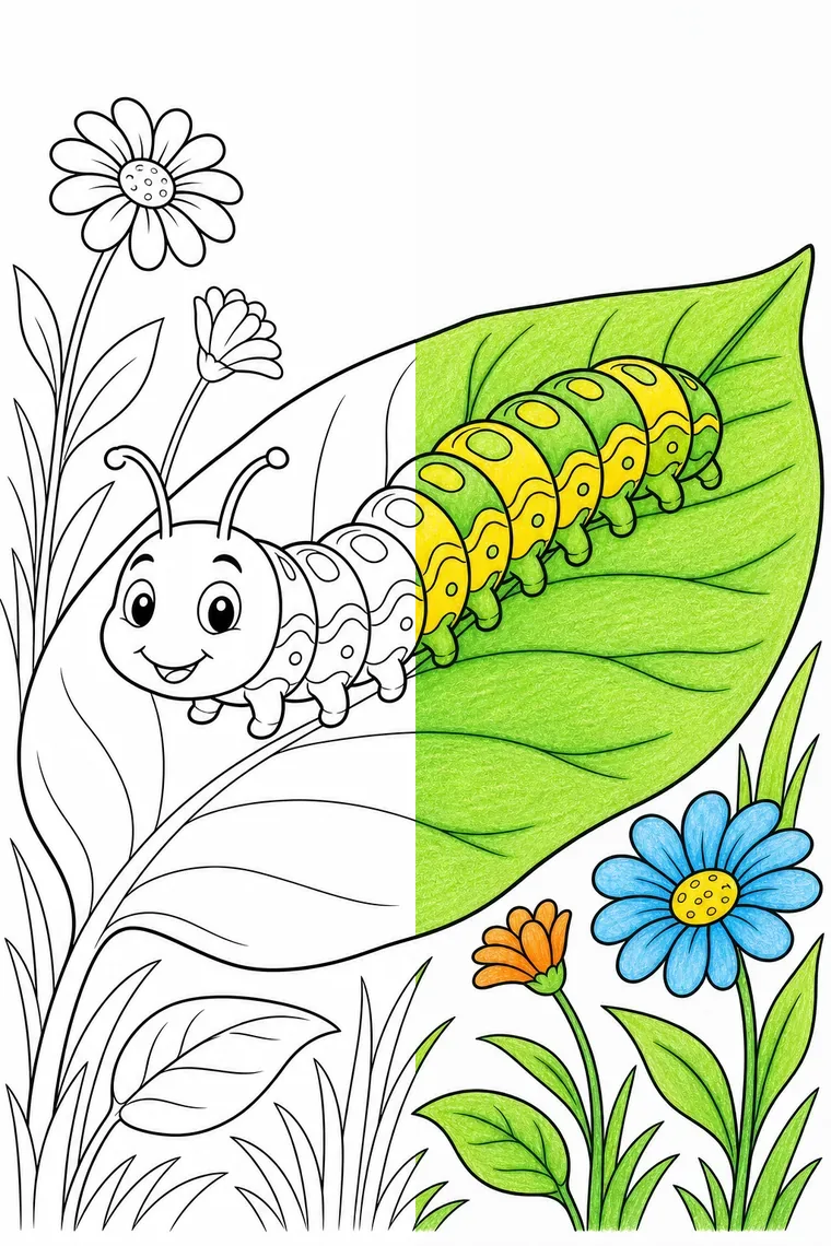 Caterpillar coloring page — line art on the left, colored in on the right