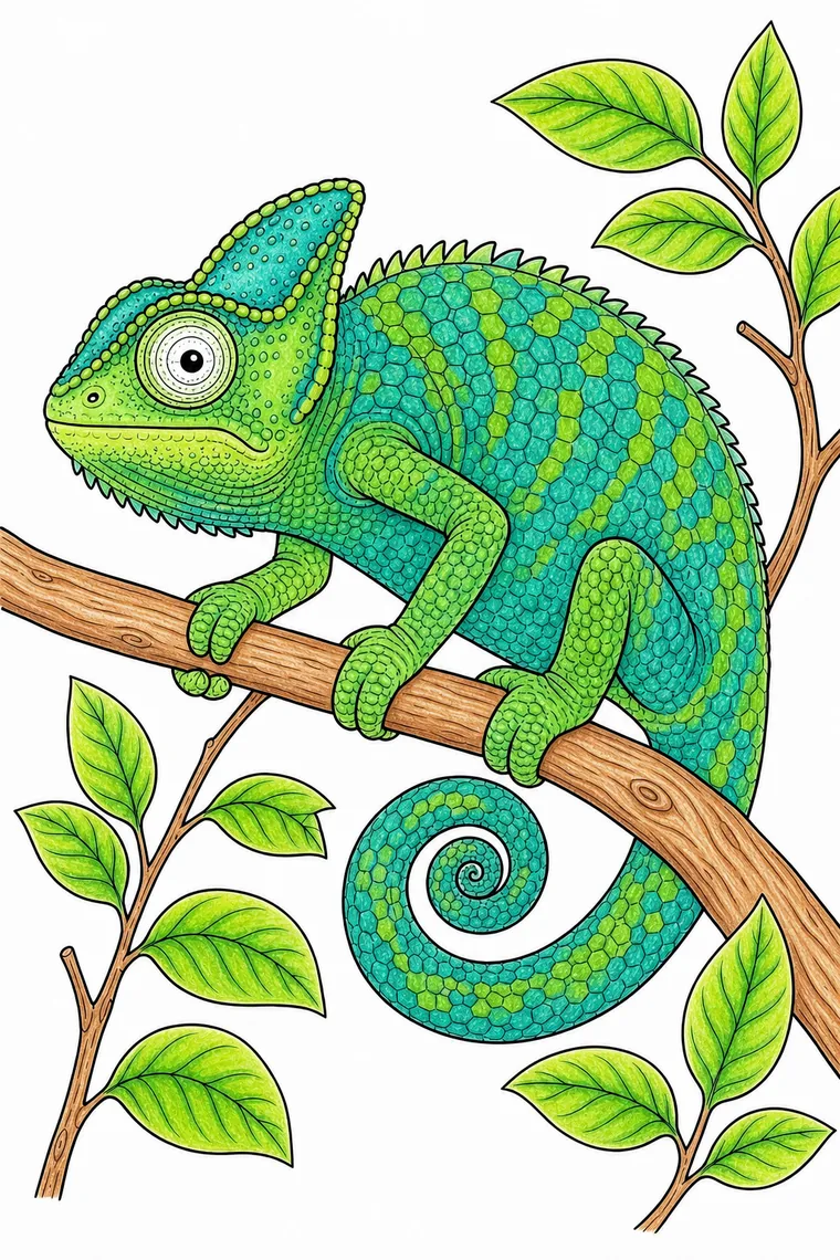 Example of the chameleon coloring page colored in