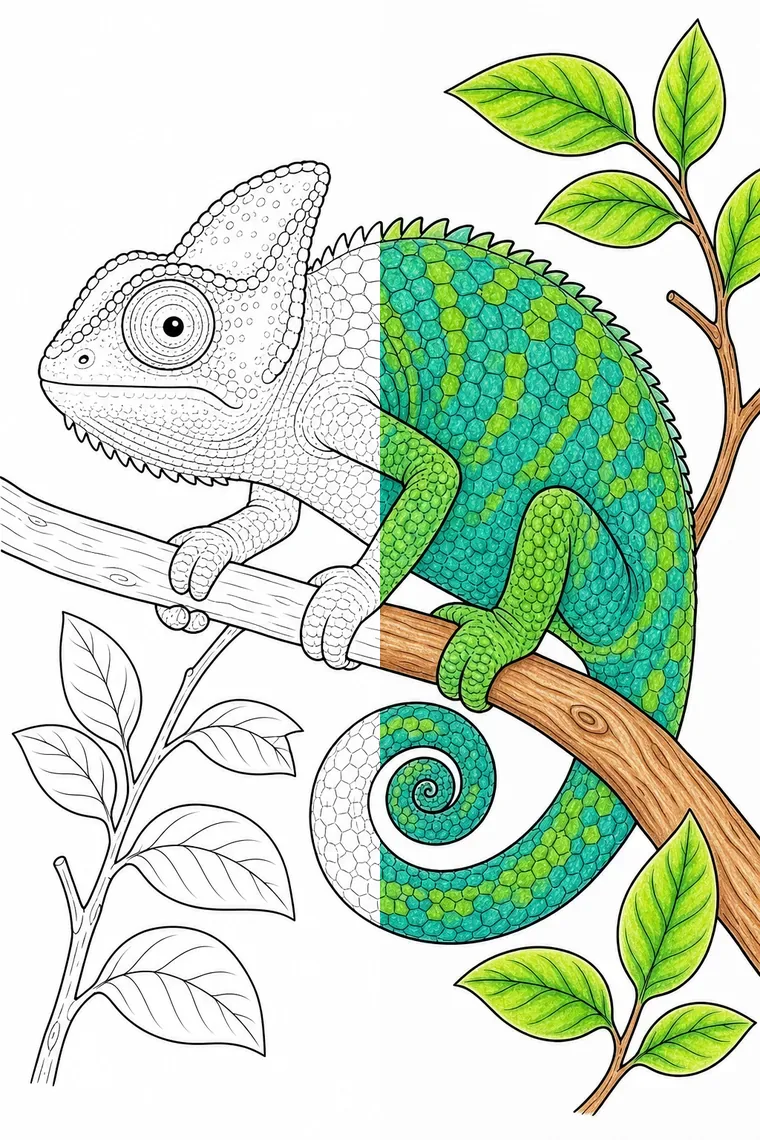 Chameleon coloring page — line art on the left, colored in on the right