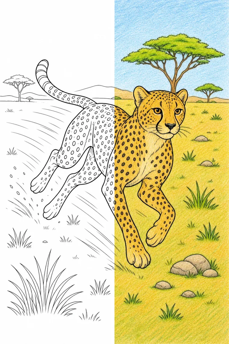 Cheetah coloring page — line art on the left, colored in on the right