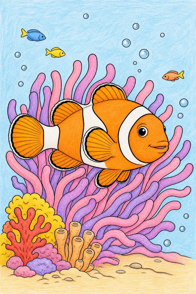 Example of the clownfish coloring page colored in