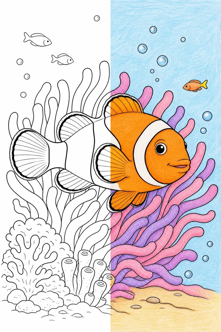 Clownfish coloring page — line art on the left, colored in on the right