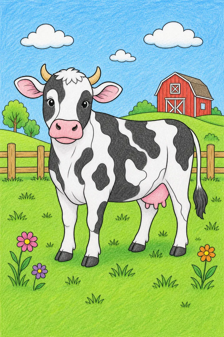 Example of the cow coloring page colored in
