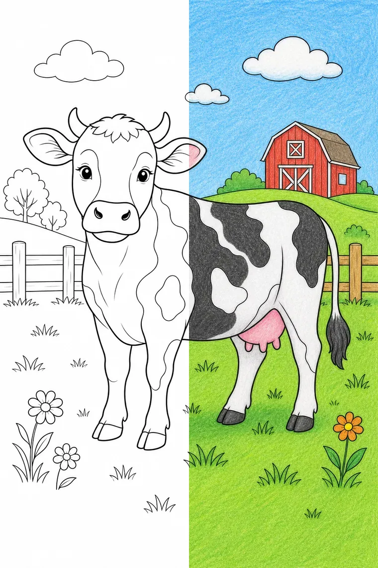 Cow coloring page — line art on the left, colored in on the right