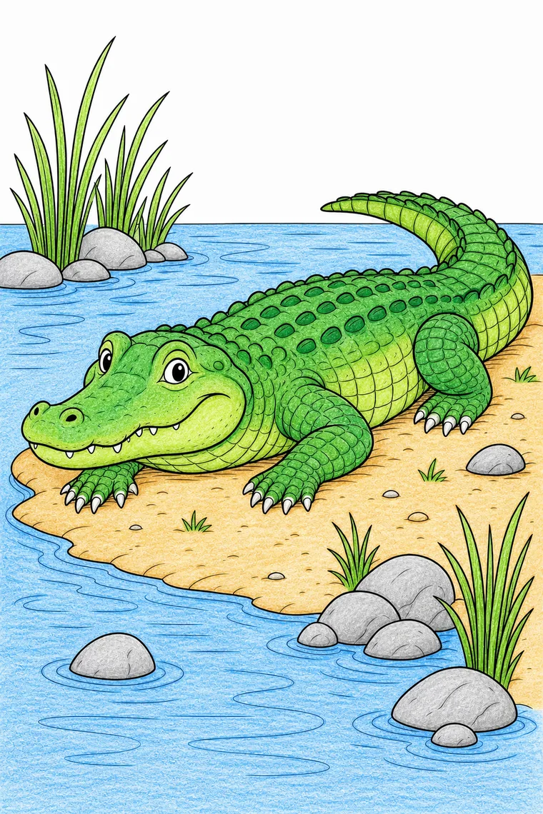 Example of the crocodile coloring page colored in