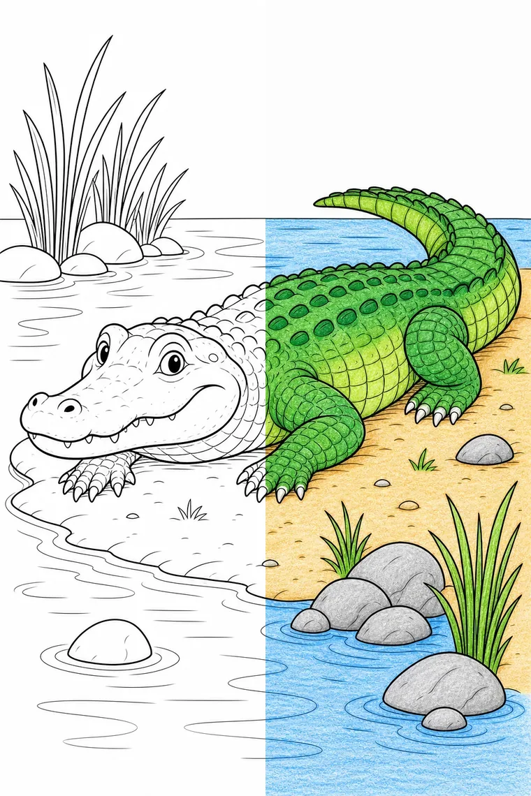 Crocodile coloring page — line art on the left, colored in on the right