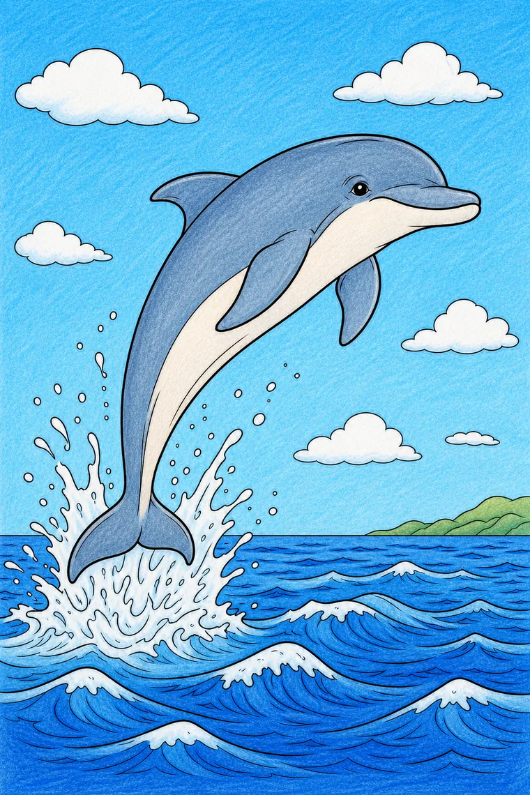 Example of the dolphin coloring page colored in