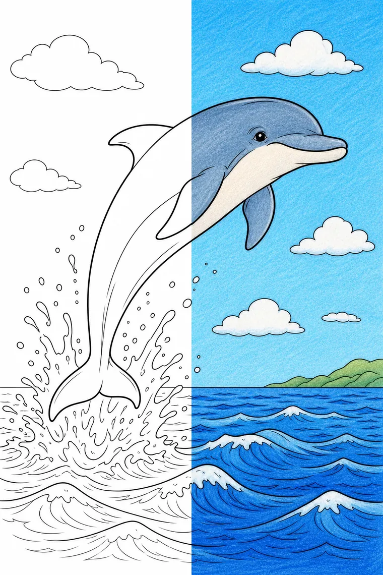 Dolphin coloring page — line art on the left, colored in on the right