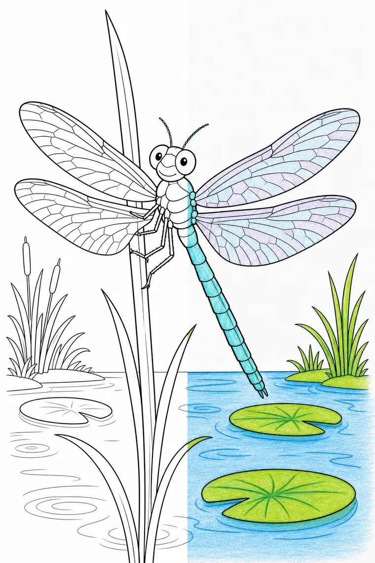 Dragonfly coloring page — line art on the left, colored in on the right