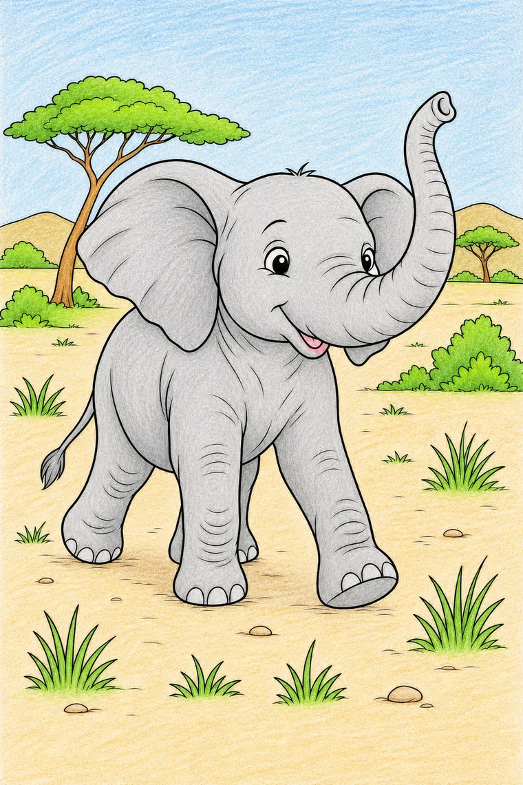 Example of the elephant coloring page colored in