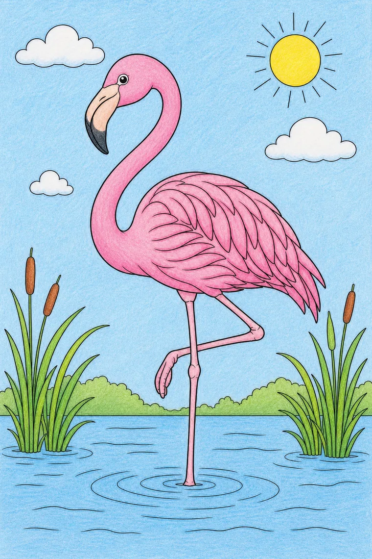 Example of the flamingo coloring page colored in