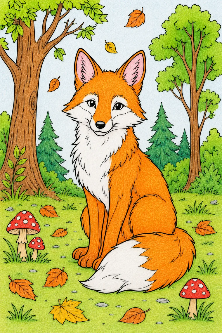 Example of the fox coloring page colored in