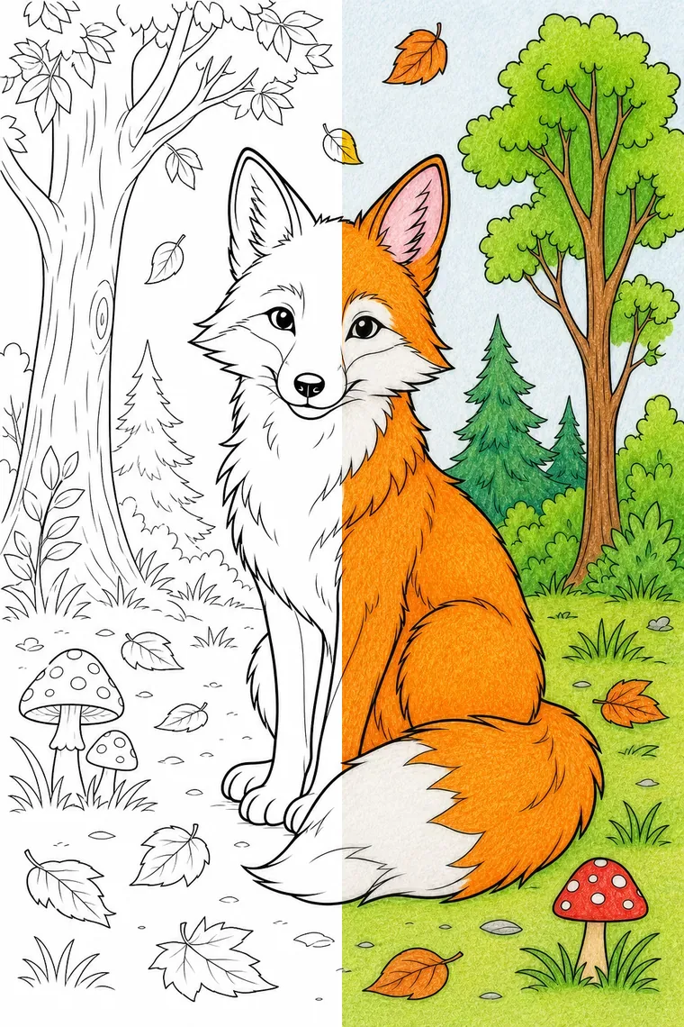 Fox coloring page — line art on the left, colored in on the right