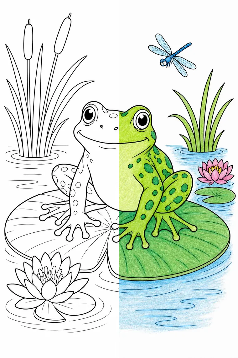 Frog coloring page — line art on the left, colored in on the right