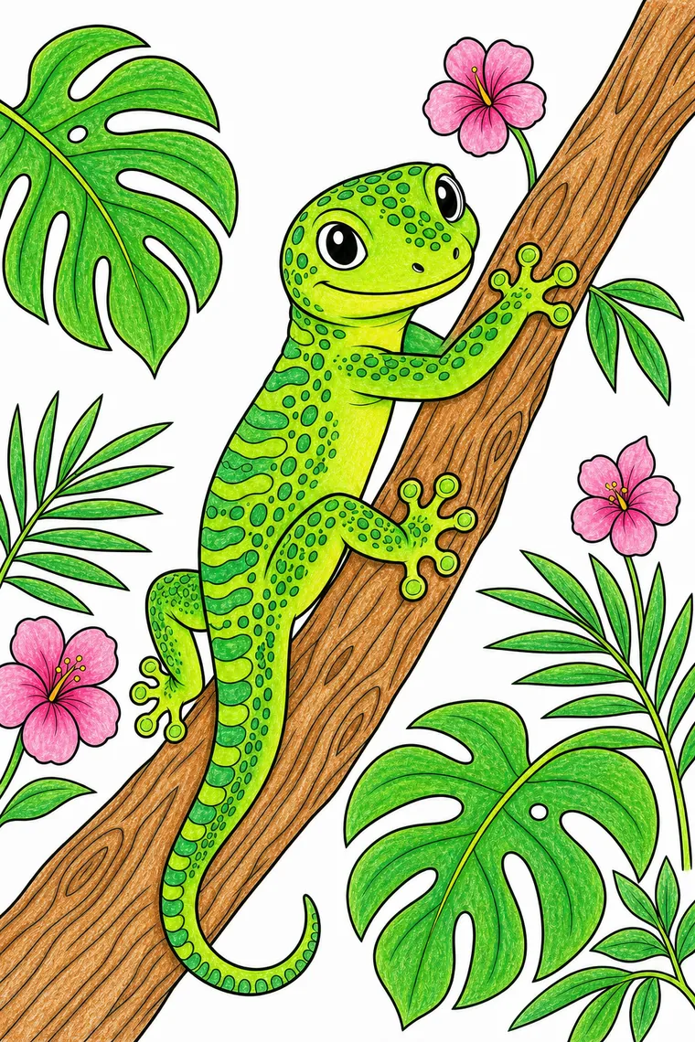 Example of the gecko coloring page colored in