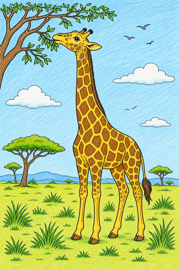 Example of the giraffe coloring page colored in