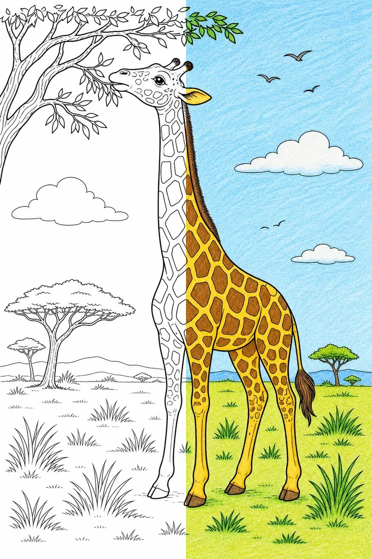 Giraffe coloring page — line art on the left, colored in on the right