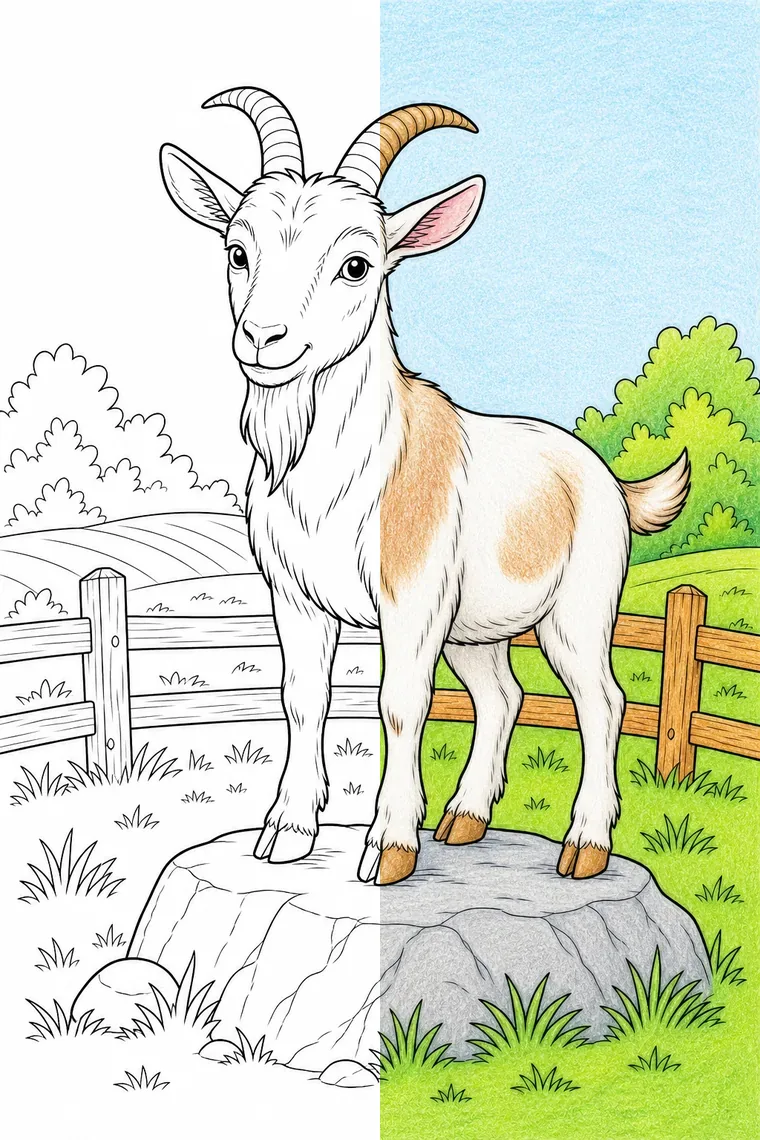 Goat coloring page — line art on the left, colored in on the right