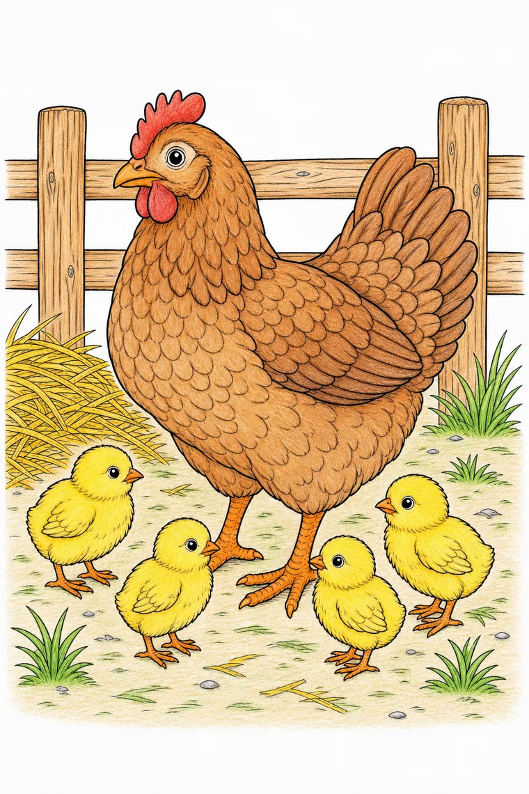Example of the hen & chicks coloring page colored in
