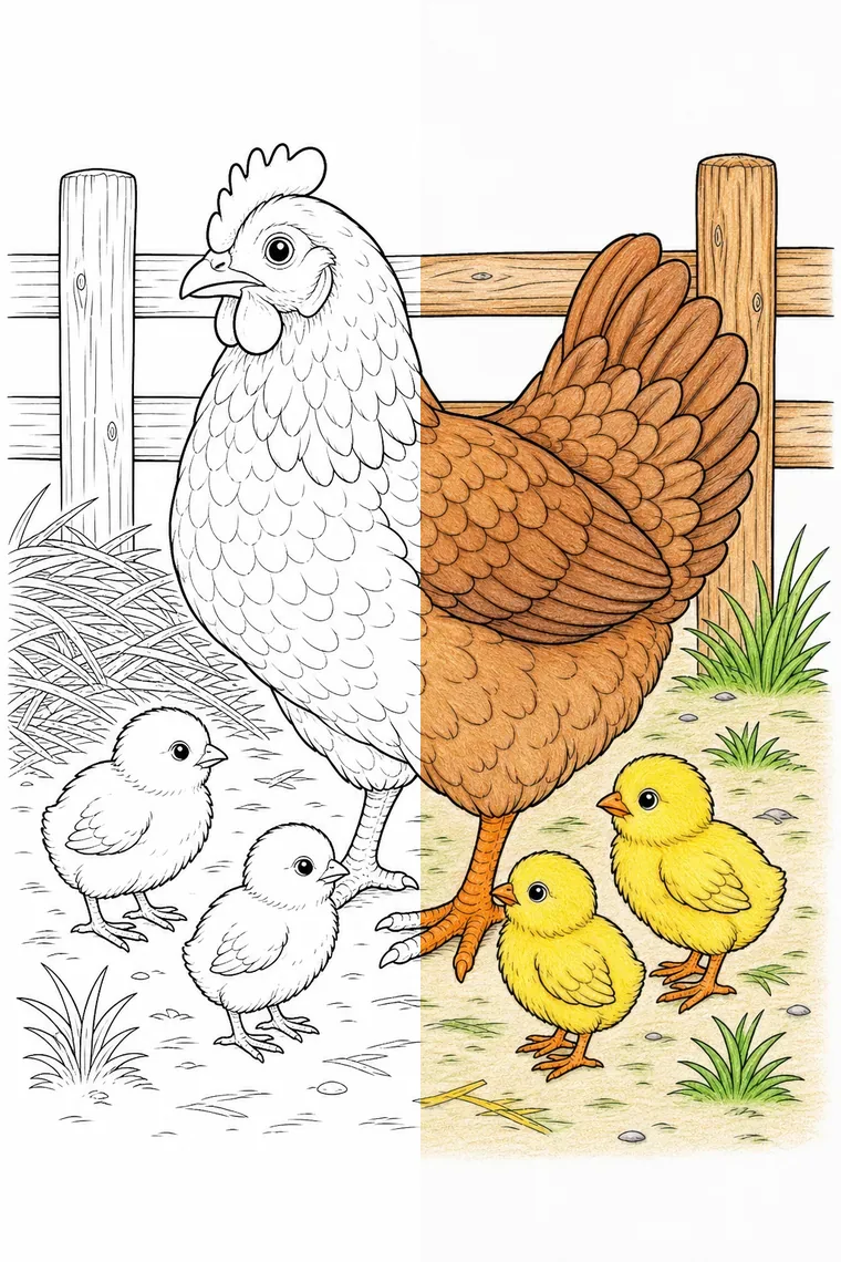Hen Chicks coloring page — line art on the left, colored in on the right