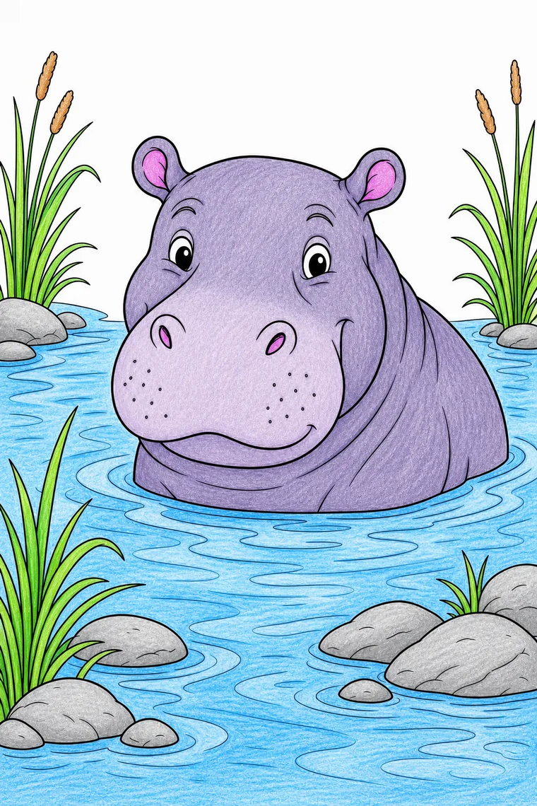 Example of the hippo coloring page colored in